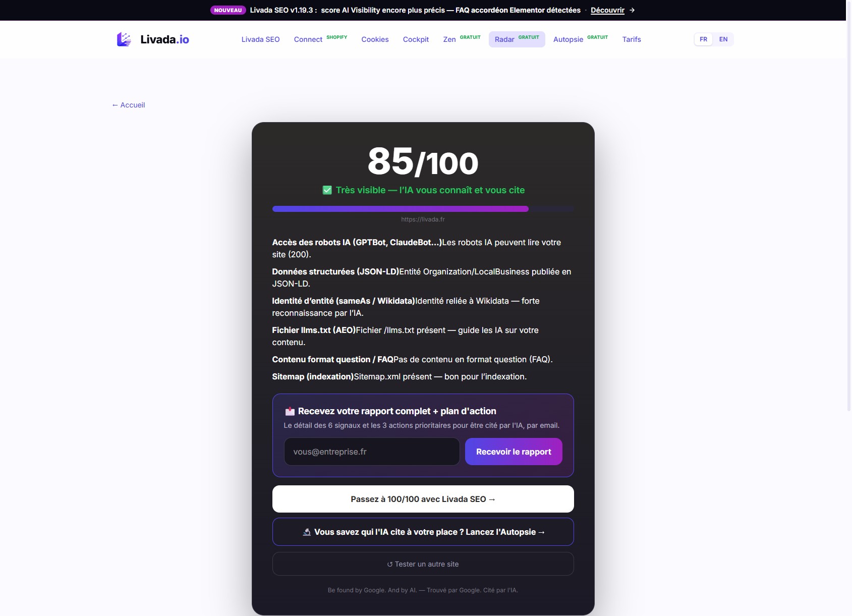 Résultat Livada Radar — 85/100 pour livada.fr